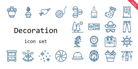 decoration icon set. line icon style. decoration related icons such as calendar, nightstand, door, ticket, candy, paint brush, tree, wool ball, vase, stars, pilgrim, favorite