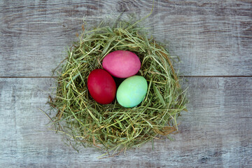 colored easter eggs in dry grass straw nest