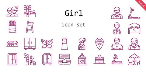 girl icon set. line icon style. girl related icons such as bed, dress, woman, university, librarian, closet, reading, weight, picnic, people, cage, sticks, baby chair, butterfly, phone call,