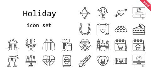 holiday icon set. line icon style. holiday related icons such as calendar, gift, rising, piece of cake, wedding day, cabin, korean, pig, wedding car, cupid, horseshoe, ball, hot air balloon