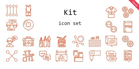 kit icon set. line icon style. kit related icons such as components, buttons, sportswear, first aid kit, sketchbook, tools, cotton swab, football jersey, Bricks, chat, toolbox, hairdryer, drums,