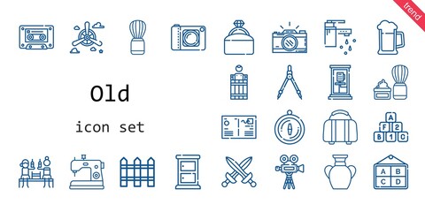 old icon set. line icon style. old related icons such as bricks, shaving brush, barrel, tap, propeller, engagement ring, sewing machine, swords, video camera, vase, phone box, cassette