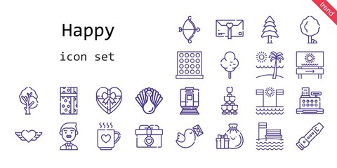 happy icon set. line icon style. happy related icons such as gift, pigeon, cotton candy, groom, pine, tree, heart, drink, flute, cupid, turkey, beach, cashier, tic tac toe, champagne, train, gifts,
