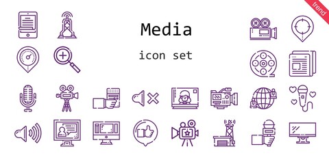 media icon set. line icon style. media related icons such as newspaper, antenna, zoom in, like, television, video camera, monitor, mute, network, film reel, radio, video call, ereader,