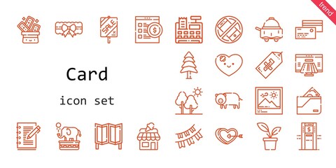 card icon set. line icon style. card related icons such as payment method, silent, wallet, shop, pine, room divider, garter, cash register, tree, trick, garlands, picture, heart, pig, online shop