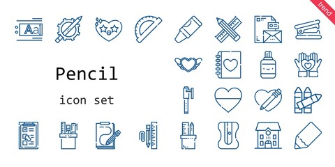 pencil icon set. line icon style. pencil related icons such as stapler remover, crayon, checklist, text editor, correction fluid, pencil, crayons, pencil case, heart, diary, protractor, stationary