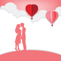 Obraz na płótnie Canvas Valentines day , Hot air balloon in a heart shape flying on sky vector and Illustration of love