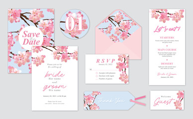 Cherry blossom or Sakura flower background template. Vector set of floral element for wedding invitations, greeting card, envelope, voucher, brochures and banners design. - obrazy, fototapety, plakaty