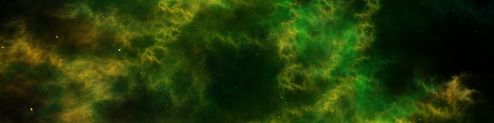 Universe filled with stars, nebula and galaxy. Panoramic abstract fractal wallpaper of colorful cosmos with stardust. 3D rendering starry night background. Digital fractal art.