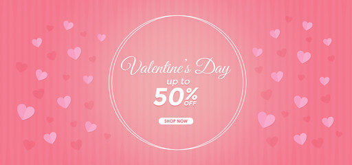 Valentine's day sale 50% off promotion banner or poster template. Vector background for promotion and shopping premium template. Realistic heart symbol with texture background