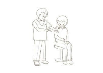 予防接種を打つ看護師と患者の線画イラスト