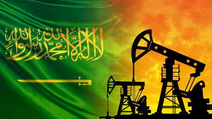 Oil rigs and the flag of Saudi Arabia. Oil exporting countries. The OPEC countries. Natural resource extraction. World oil market. Agreements on the supply of fuel resources.