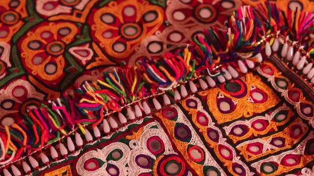 Mirrored embroidery work typical of the Aahir tribe in Gujarat,india,traditional and pattern art embroidery artwork beautiful view, Handmade. Ethnic and tribal motifs.