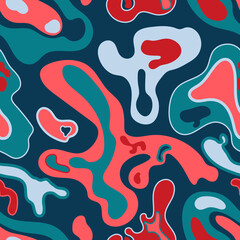 Fototapeta na wymiar Colorful streaks of flowing liquid lava. Abstract marble pattern. Minimalistic flat design. Swirls of oil paint. Seamless background. Dark and light blue, red contrast colors.