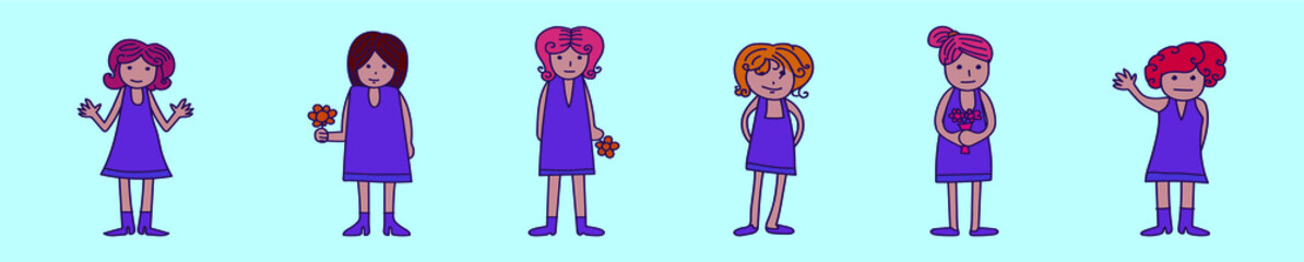 set of bridesmaid cartoon icon design template with various models. vector illustration isolated on blue background