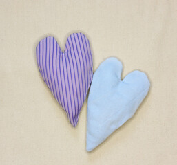 two rag hearts, top view.