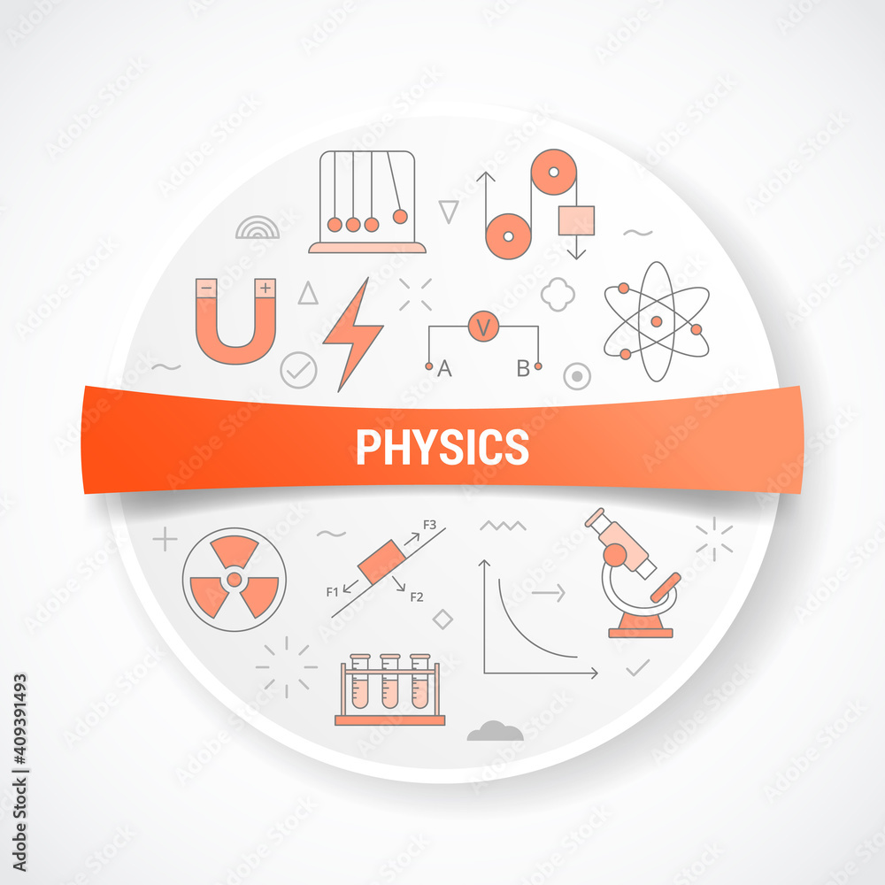 Poster physics with icon concept with round or circle shape