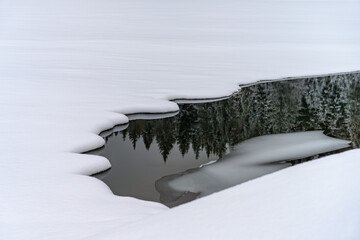 A forest lake freezing at the beginning of winter with a beautiful polynya and a reflection in the...