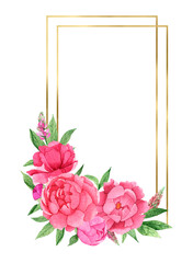 Watercolor frame with pink peonies and golden geometric elements on a white background, hand-drawn. For textile, greeting card, wrapping paper, wedding invitations.