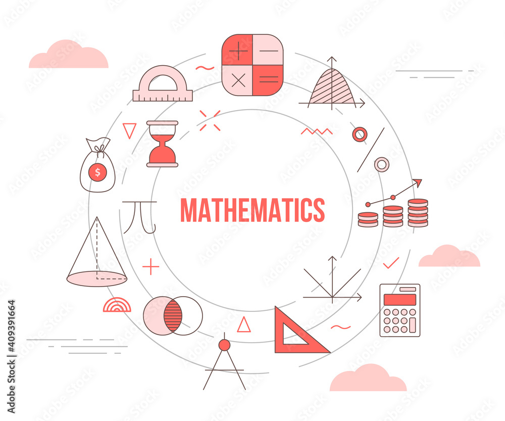 Poster mathematics concept with icon set template banner with modern orange color style and circle round sh
