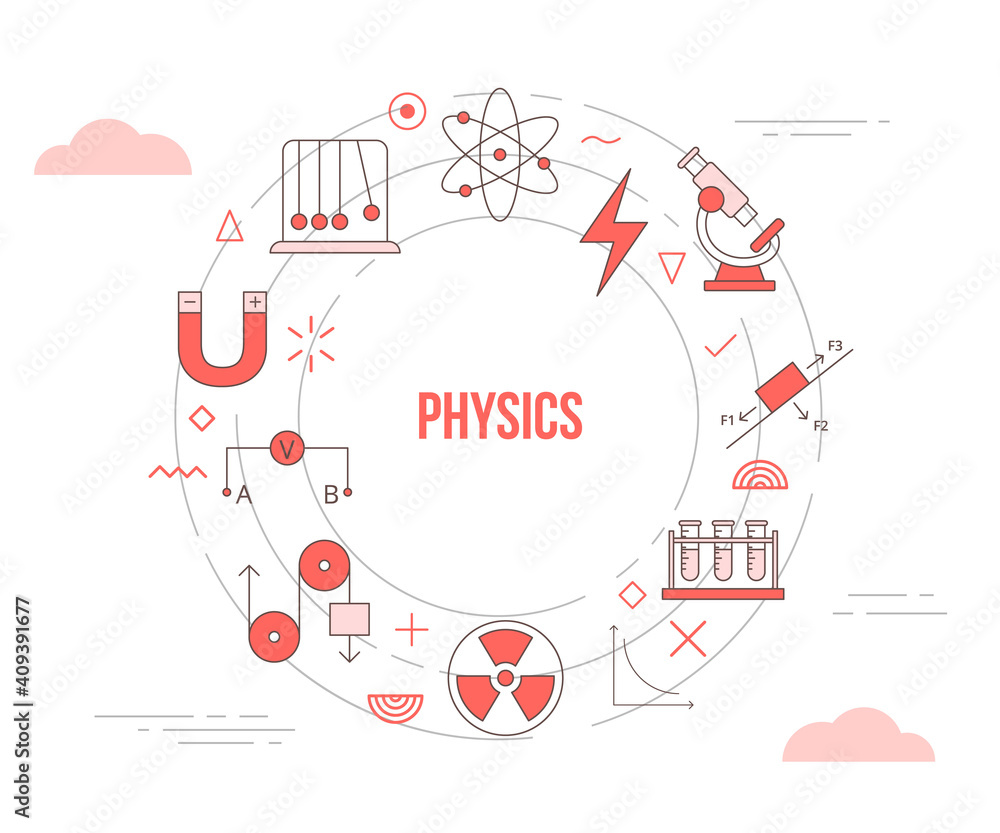 Poster physics concept with icon set template banner with modern orange color style and circle round shape
