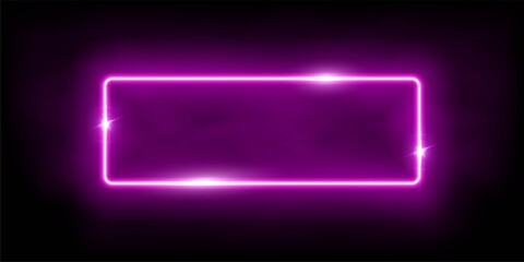 Fototapeta premium Glowing neon pink rectangle with sparkles in fog abstract background. Electric light frame. Geometric fashion design vector illustration. Empty minimal art decoration