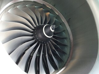 Fan blades of aircraft engine - obrazy, fototapety, plakaty