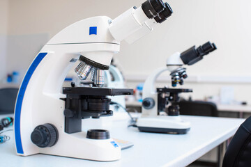 Microscopes on the table in the laboratory. Medical laboratory for the study of analyzes.