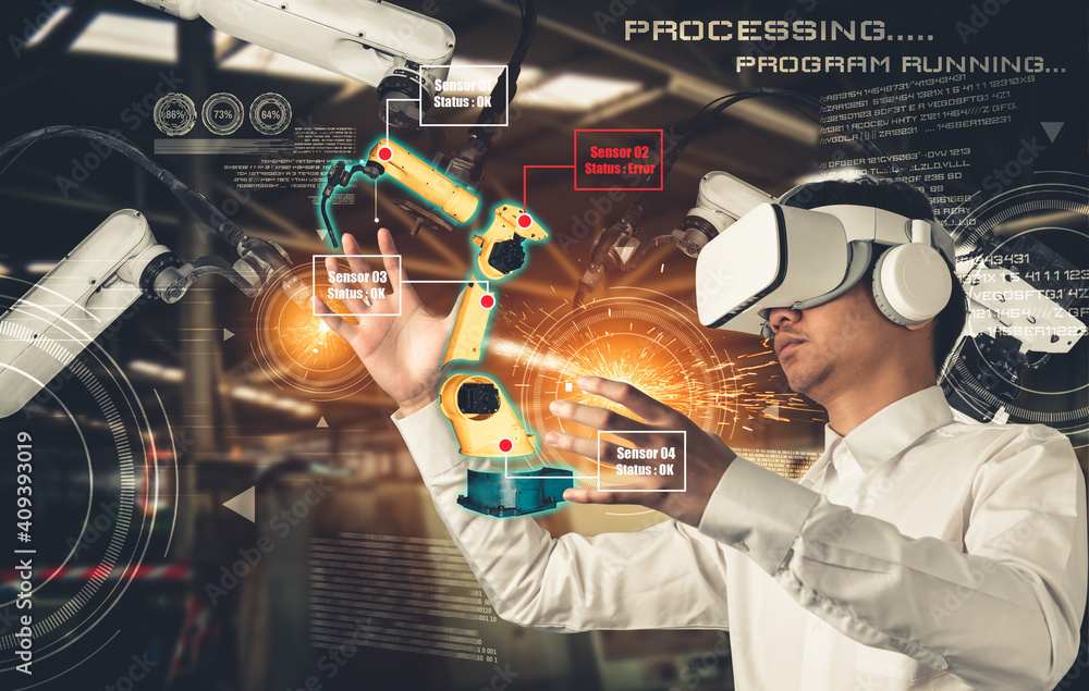 Poster engineer controls robotic arms by augmented reality industry technology application software. smart 