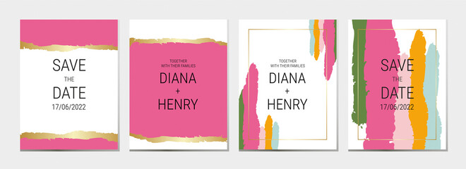 Wedding invitation and card template design with pink and gold foil painted canvas in luxury turquoise and gold styles vector illustration.