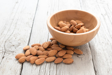 Almonds on the wooden table