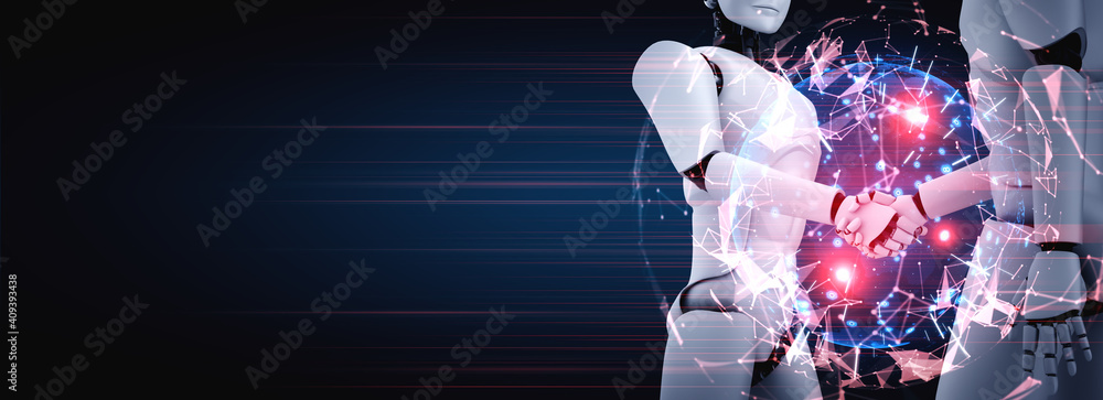 Poster 3d rendering humanoid robot handshake to collaborate future technology development by ai thinking br