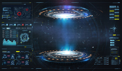 Abstract style on black background. Blank display, stage or podium for show product in futuristic cyberpunk style. Technology demonstration. Futuristic circle 3D lab stage with HUD elements for UI,GUI © ZinetroN