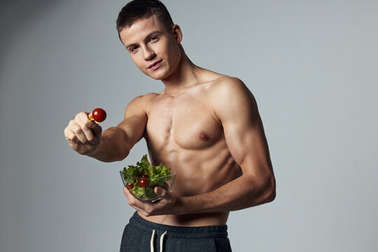 Athletic Man Muscular Torso Plate Salad Healthy Food Isolated Background