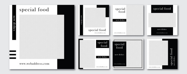 Set of Editable minimal square banner template. White and black background color with stripe line shape. Suitable for social media post and web internet ads. Vector illustration with photo college