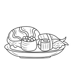 Sushi food on the plate, black and white Line art vector illustration 