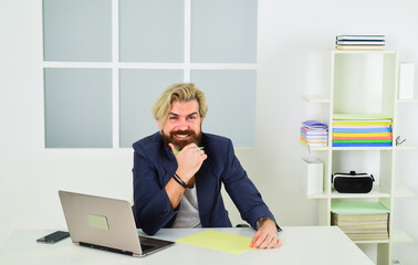 Fototapeta premium Comfortable workplace. Developer work computer. Social networks communication. Social distancing. Home is best office. Online education. Freelancer working from home. Man working on laptop at home