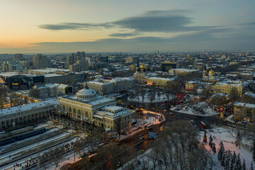 Air panorama urbane winter landscape of Odessa Ukraine. Drone footage, evening ..