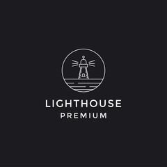 light house / harbor line outline monoline logo design in black background.