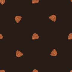Minimalistic seamless pattern with beige beanie hat silhouettes. Dark brown background.