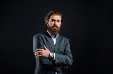 Man with beard wear grey suit corporate style, promising entrepreneur concept