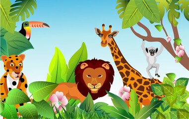 Cartoon Jungle wildlife illustration. jaguar.giraffe. elephant.in the jungle, vector