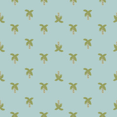 Abstract summer beach seamless botanic pattern with simple green palms silhouettes. Blue background.