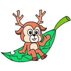 Obraz na płótnie Canvas emoticon of cute fawn sitting on a leaf, doodle icon image kawaii
