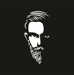 Vector black and white of hipster man logo. 
Silhouette of hipster guy in profile for barber shop. 
Elements for logo and tattoo in hipster style