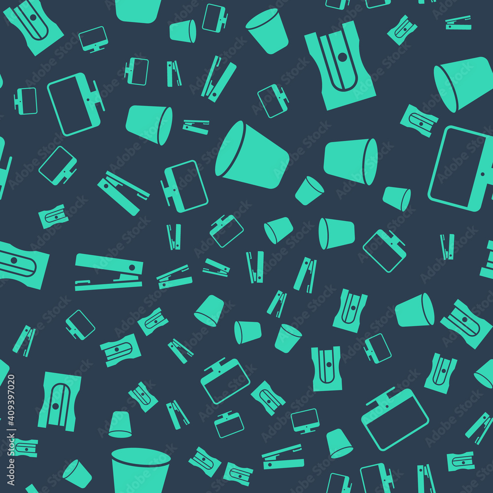Poster set trash can, pencil sharpener, office stapler and computer monitor screen on seamless pattern. vec