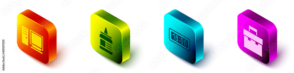 Poster set isometric computer monitor, glue, digital alarm clock and briefcase icon. vector.