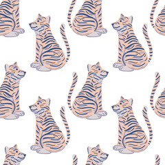 Cartoon doodle tiger ornament seamless isolated pattern. Pale pink print. White background. Zoo style.
