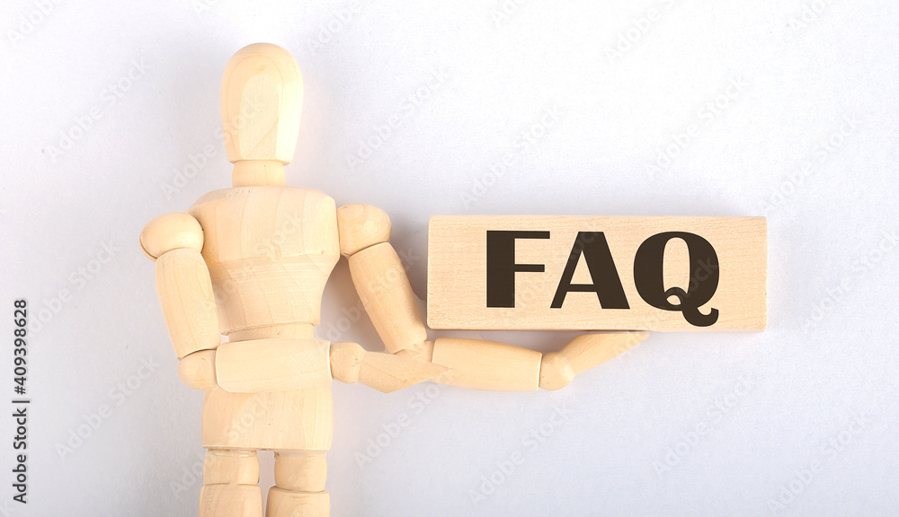 Poster wooden man shows with a hand to block with text faq