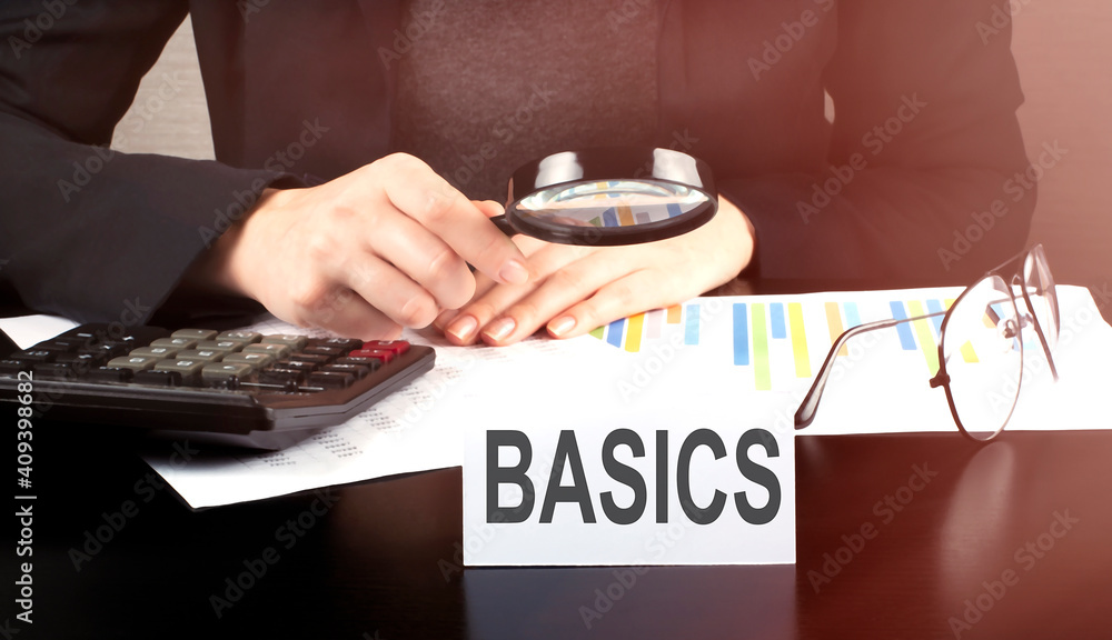Poster close up business woman using calculator and charts do math finance on the wooden desk in office and